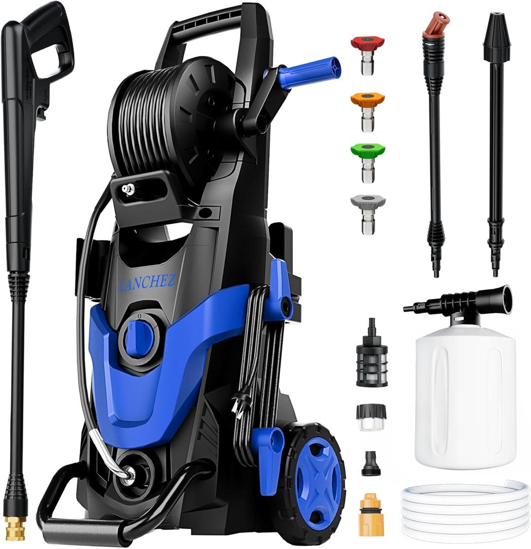 Electric Pressure Washer, Upgraded 7 Nozzles Set, 4500 PSI 3.2 GPM Power Washer with Turbo & 360 Nozzle, Inlet Hose & Filter & 500ml Foam Cannon for Cars/Fences/Driveways/Patios/Home Cleaning, Blue
