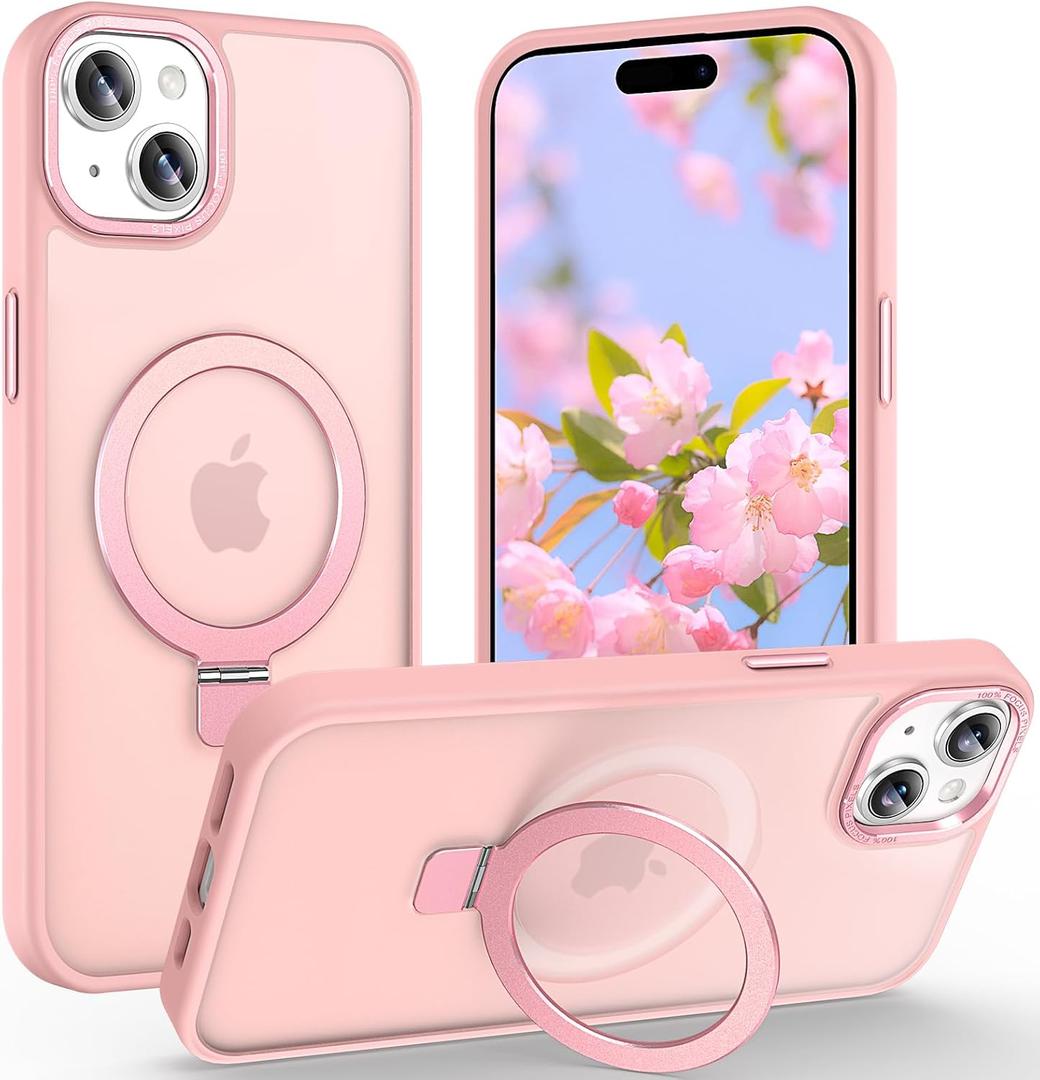 Magnetic for iPhone 15 Plus Case with Ring Stand, [10 FT Drop Protection] [Velvety Touch] Slim Translucent Matte Back Shockproof Phone Case for iPhone 15 Plus 6.7'', Pink