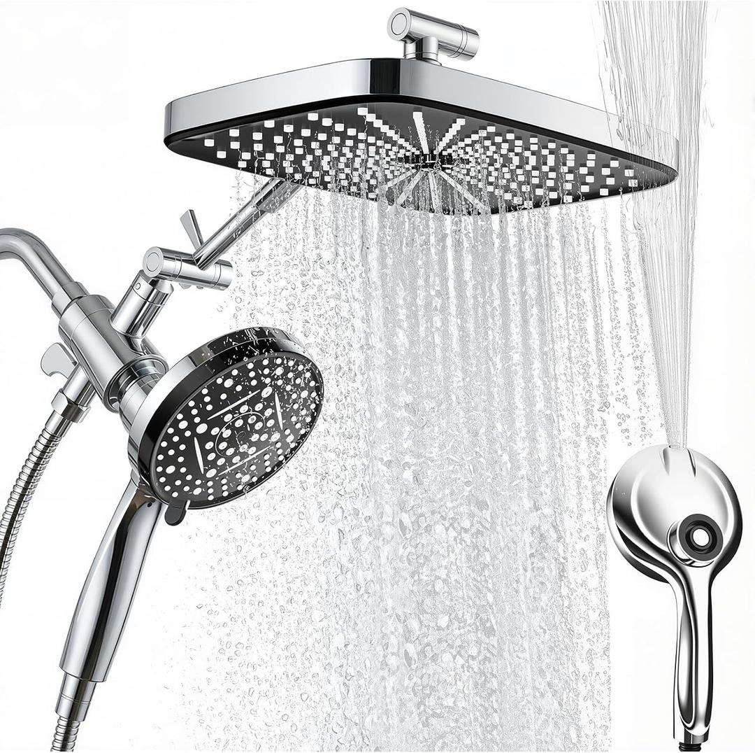 Rain Shower Head with Handheld Spray Combo,10-Spray Mode High Pressure Rain Shower Head with Power Jets, Bathroom Faucet Set, 71" Long Hose, Chrome Silver