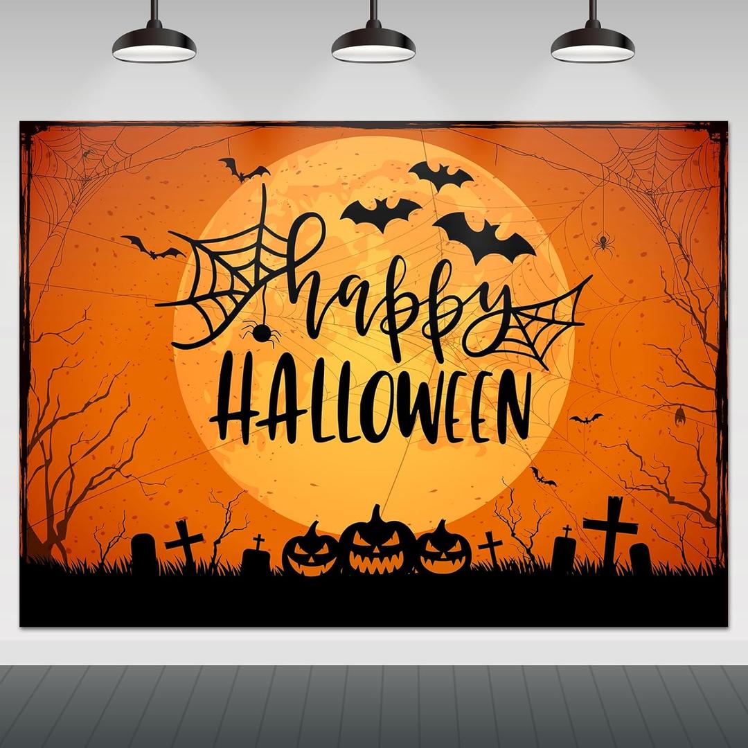 Mocsicka Happy Halloween Backdrop Orange Night Moon Graveyard Background Spooky Pumpkin Spider Web Halloween Party Cake Table Decoration Banner Photo Booth Props (8x6ft)