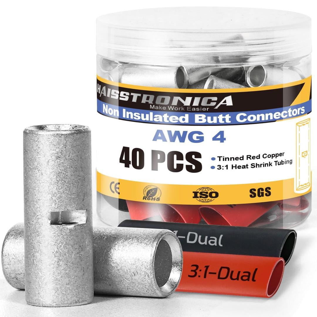 haisstronica 40PCS Non Insulated Butt Connectors Kit with Heat Shrink Tubing, AWG 4 Tinned Copper Seamless Butt Splice Terminals and 3:1 Shrink Tube for Automotive, Marine, Wiring Projects