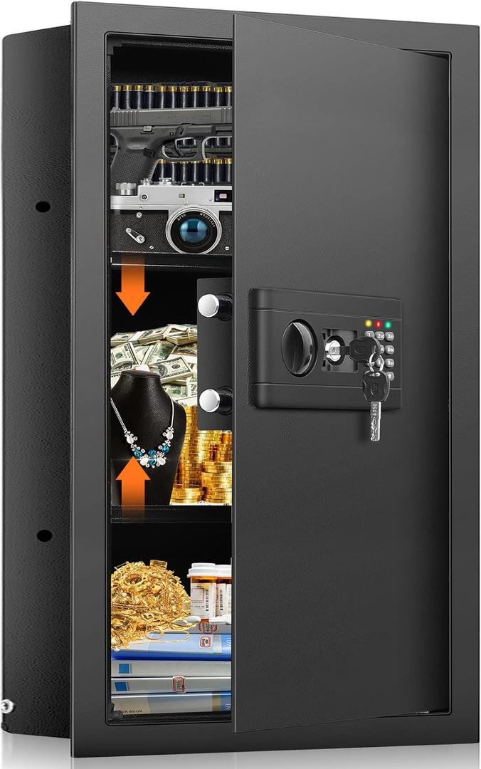25.6" Tall Fireproof Wall Safes Between the Studs 16" Centers, Hidden Wall Safe with 2 Removable Shelf & Hidden Tray, Heavy Duty Wall Mount Safe for Firearms, Money, Jewelry, Passport Black