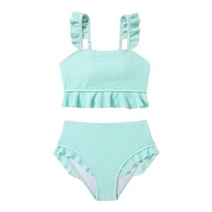 Floerns Girl's 2 Piece Bathing Suit Ruffle Trim Summer Bikini Swimsuit Light Green 12Y