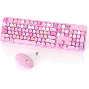 Colorful Wireless Keyboard and Mouse Combo, COVEVA 2.4GHz Wireless Retro Cute Round Keycaps Keyboard, 104 Keys Full-Sized Keyboard Mouse Set with Switch Button for PC Laptop Desktop (Pink Colorful)
