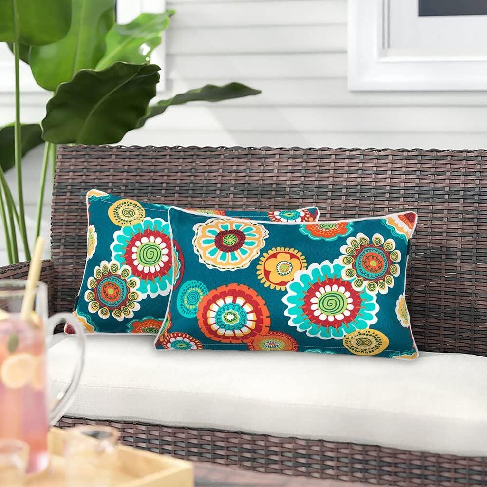 Magpie Fabrics Pack of 2 Outdoor Waterproof Lumbar Rectangular Throw Pillow with Insert 12x20 Inch, Home Decorative Toss Cushion for Patio Garden Car Office (Heronsbill Turquoise Green)