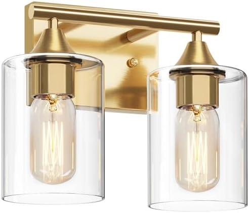 XPEHK Gold Vanity Lights for Bathroom,2-Light Bathroom Light Fixtures,Brushed Brass Gold Wall Sconce Lighting,Modern Wall Lamp for Mirror Bedroom Vanity Table Hallway