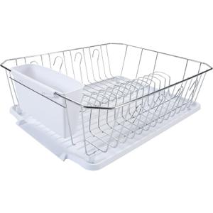 Kitchen Details 3 Piece Dish Rack | Drying Rack, Cutlery Basket & Drainboard Tray | Countertop | Self Draining | Open Wire Design | Chrome | White