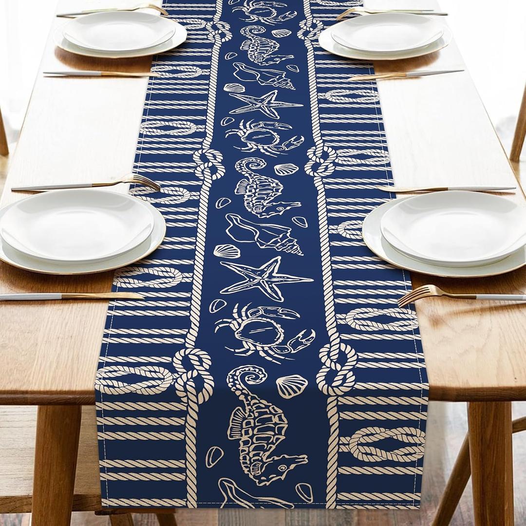 Navy Blue Nautical Dining Table Runner, Coastal Beach Ropes Starfish Crab Seahorse Conch Shell Burlap Kitchen Decoration, Ocean Marine Life Indoor Outdoor Home Decor Party Supply 13 x 90 Inches