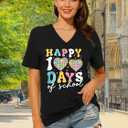 100 Days of School Shirt Teacher Happy 100th Day of School Graphic T-Shirt Casual V Neck Short Sleeve Tee Tops (Black, XL)