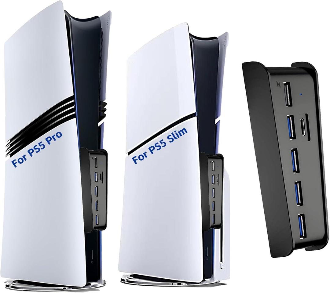 6 Ports USB Hub for PS5 Pro/Slim Console, High-Speed Expander Hub Charger Port with 4 USB-A 2.0 + 1 USB Charging Port + 1 Type C Port, Compatible with PlayStation 5 Pro/Slim Front Jacks