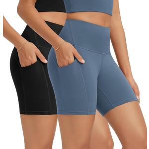 ODODOS 2-Pack High Waist Workout Shorts with Pockets for Women Tummy Control Gym Athletic Biker Shorts, XS