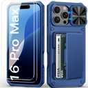 iPhone 16 Pro Max Case Wallet with Screen Protector (Tempered Glass), Slide Camera Cover, Military Grade Drop, Card Holder (4-5 Cards), Heavy Duty Men Women Case for iPhone 16 Pro Max, Blue