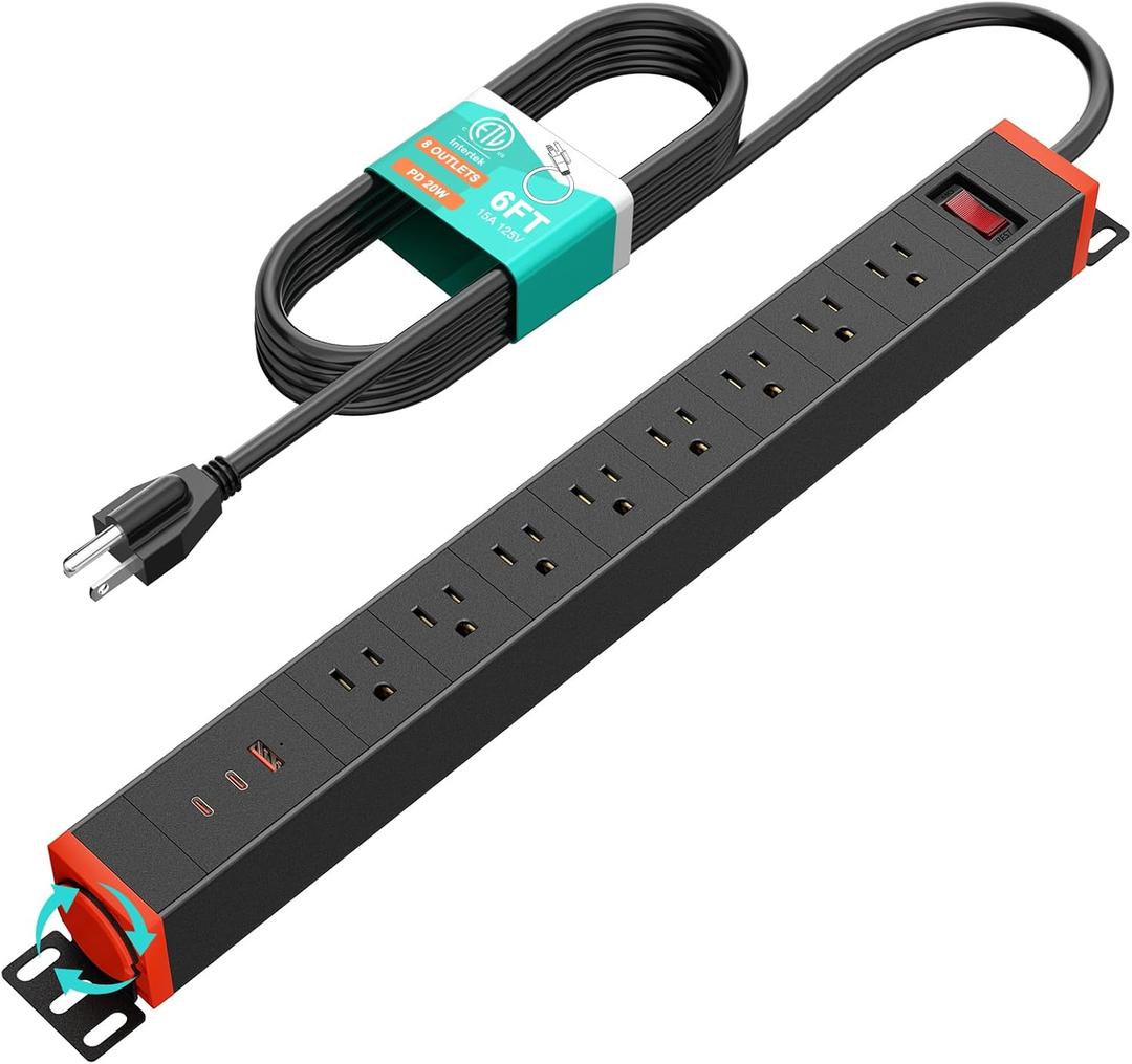 QBA 8 Outlet Heavy Duty Power Strip with USB Ports, Rack Mount Surge Protector with 360 Rotating Brackets, USB C PD 20W, Wall Mount Power Strip for Home Office Garage Workshop