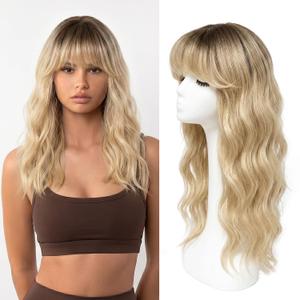 Hair Topper Big Base 360 3D Hair Toppers for Women with Thinning Hair 20 Inches Long Wave Clip in Hair Pieces with French Bangs Synthetic Fiber 7x7 Inches for Daily Party Used