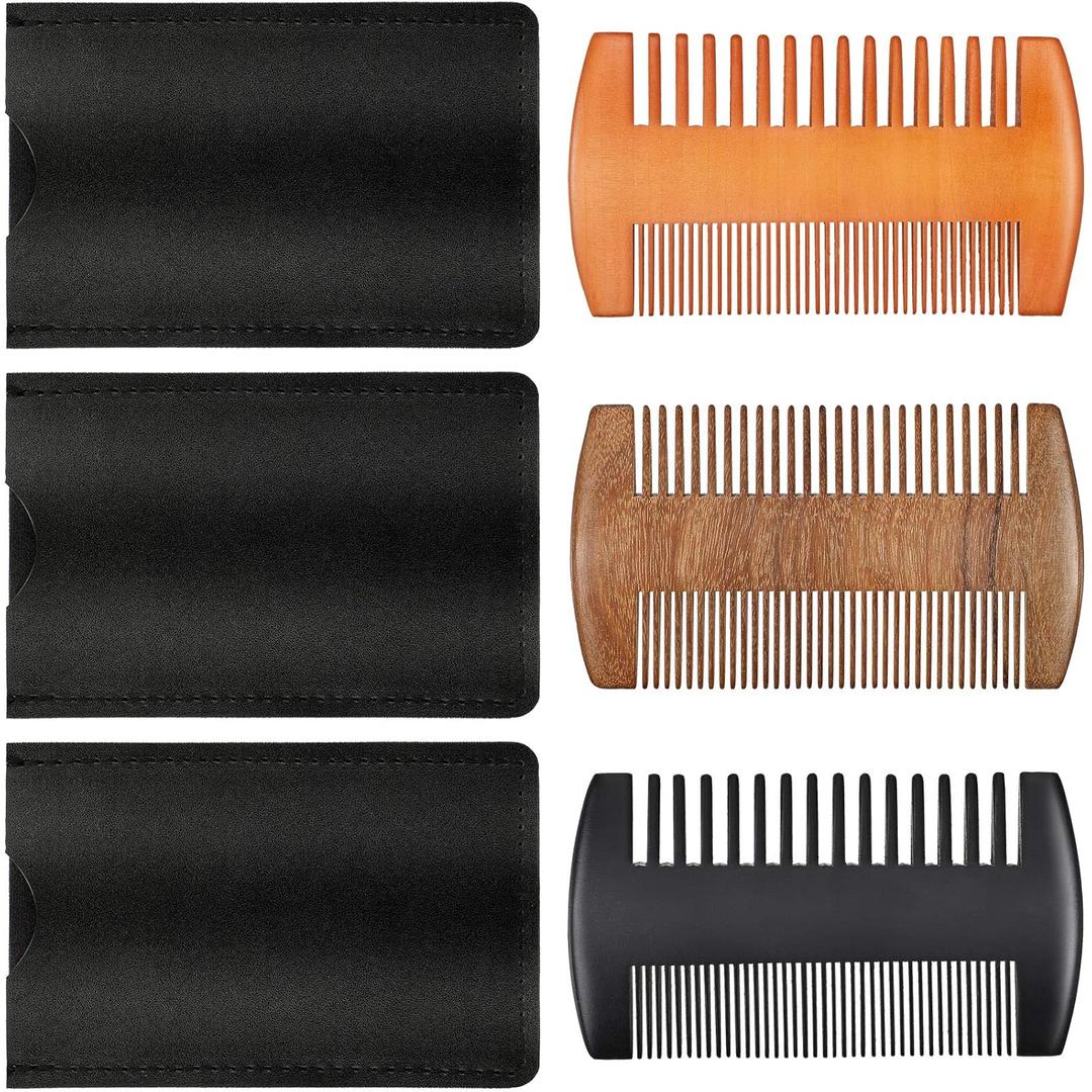 Natural Sandalwood Wooden Dual Action Beard and Mustache Comb Set with Leather Cases for Beards and Mustaches (Black, Yellow, Brown)