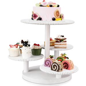 Skylety 4 Tier Round Cupcake Tower Stand Beaded Wood Cake Stand with Tiered Tray for 50 Cupcakes Cake Display Dessert Tiered Serving Tray for Birthday Graduation Wedding(White)