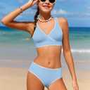 KANGKANG Girls Swimsuit Bikini Set Solid Color V-Neck Two Piece Bathing Suit with Chest Pad Adjustable Straps Swimwear 13-14Y