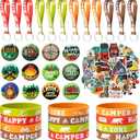 ANGOLIO 84Pcs Spring Camping Party Favors Kit Happy Camper Party Gifts Silicone Bracelets Stickers Keychains Badges for Kids Friends Summer School Camping Adventure Birthday Supplies