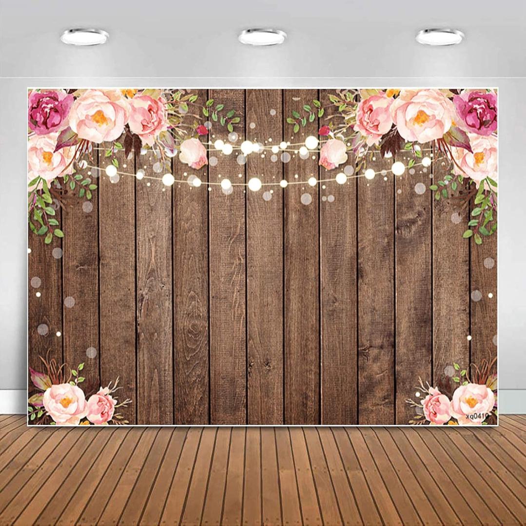 Sensfun 8x6ft Rustic Wood Floral Backdrop for Baby Shower Newborn Studio Picture Photography Retro Wooden Floor Pink Flower Wall Background Wedding Bridal Shower Birthday Party Photoshoot Booth Banner