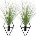 Hanging Planters with Artificial Plants, 2pcs Diamond Shape Metal Hanging Vase with Artificial Shrubs Wheat Grass Greenery Indoor Plants Holder Wall Decor for Home Living Room Bedroom Office (Black)