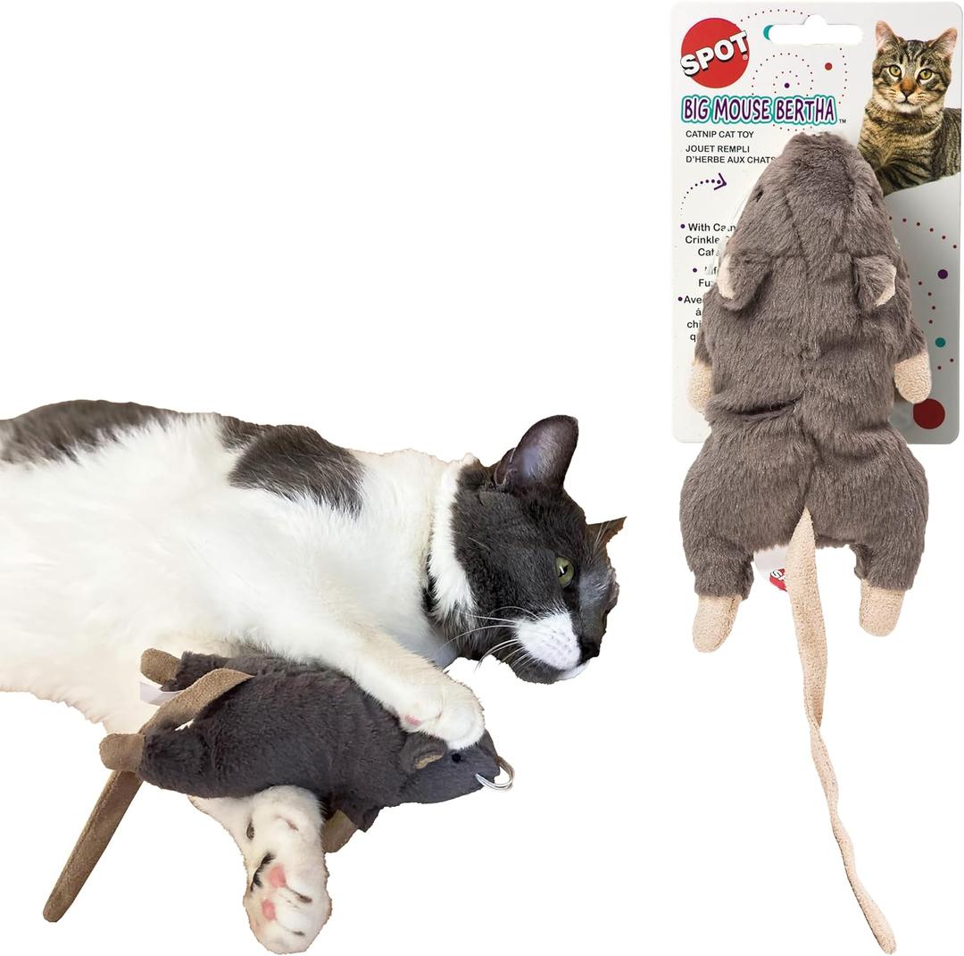 SPOT Big Mouse Bertha Cat Toy with Catnip Lifelike Plush Mouse, Crinkle Sound, Large 7in Size, for Cuddling, Chasing, Playing Assorted Colors