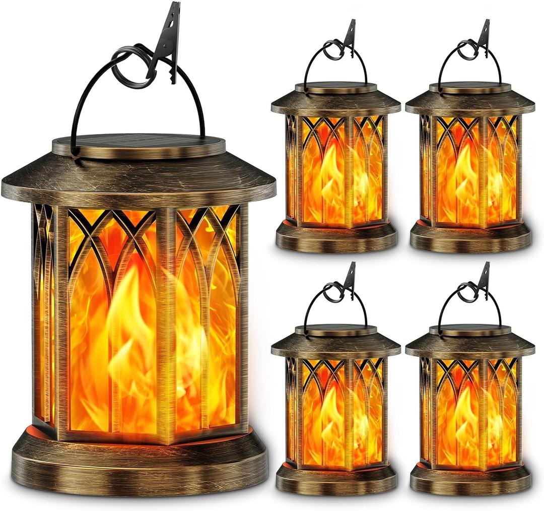 KOOPER 4 Pack Solar Lanterns Outdoor Waterproof, Upgraded Flickering Flame Solar Lantern Lights, Auto On/Off Lanterns Decorative Outdoor, Outdoor Hanging Lantern for Yard Garden Table Decor (Bronze )