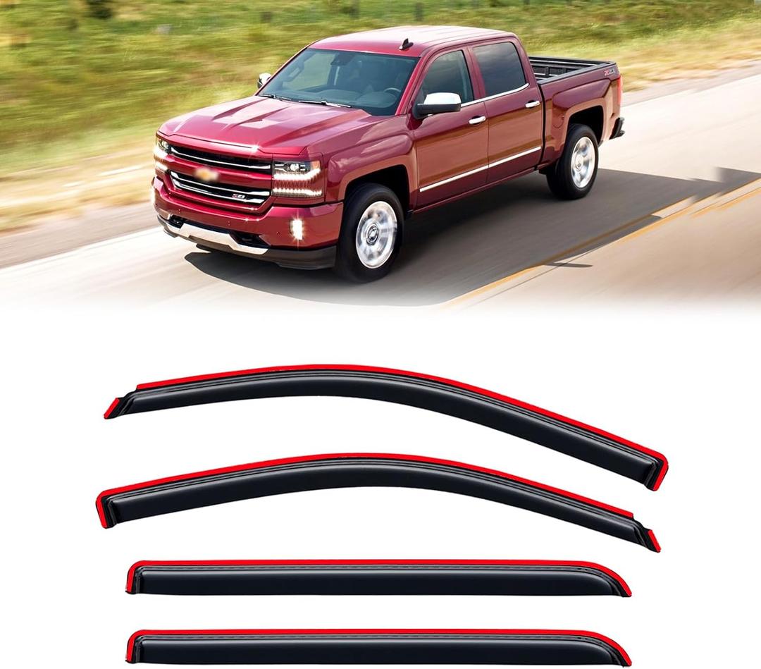 in-Channel Rain Guards for 2014-2018 Chevy Silverado/GMC Sierra 1500 Crew Cab ONLY, Window Visor Shields Vent Deflector Shade Wind Dark Smoke for 15-19 Silverado/Sierra 2500HD 3500HD, Tape on, 4PCS
