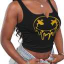LovelyWholesale Graphic Crop Tops for Women Cropped Tank Tops V Neck Ribbed Shirts Black Smile X-Large (XS)