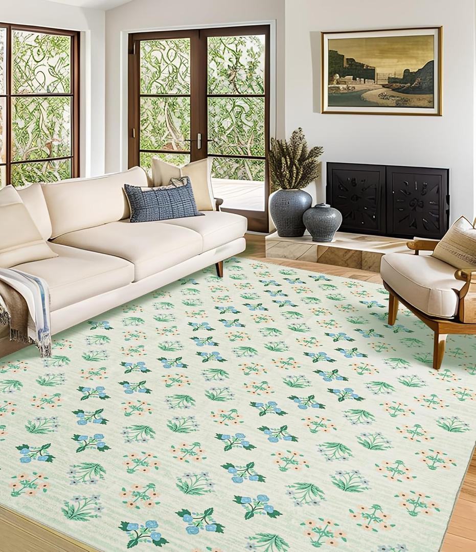 YIHOUSE Green Floral Washable Area Rug 6'x9'- Large Colorful Living Room Rug Ultra-Thin Non-Slip Area Rug for Bedroom, Nursery Room, Kids Room (Green, 6x9ft)