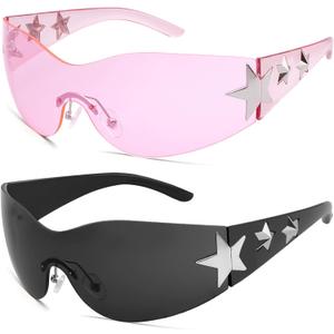 Rimless Y2K Sunglasses Star Wrap Around Glasses 2000S Accessories for Women Men Trendy Fashion Cool Shield Shades (Black/ Black, Pink/ Pink)