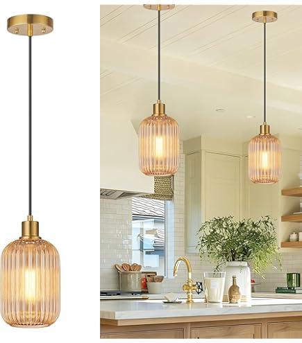 2 Pack Amber Cylinder Pendant Lights Kitchen Island with Ribbed Lampshade, Brushed Gold Hanging Light Fixture, Adjustable Pendant Lighting for Kitchen Island Sink Dining Room (Bulbs Not Included)
