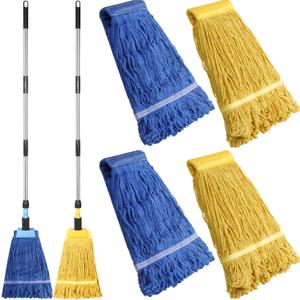 Gejoy 2 Sets Looped End Commercial Mop Heavy Duty Industrial Mop with 4 Mop Replacement Heads, Stainless Steel Pole, Iron Clamp Cotton Mops for Floor Cleaning, Dust, Wood Floor, Kitchen, Blue, Yellow