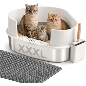Gimars XXXL Stainless Steel Litter Box with Lid, 26.6" L x 20.3" W x 11.8" H Triangle Corner Metal Litter Box for Big Cats, Space-Saving Side Entry, High Sides, Easy to Clean