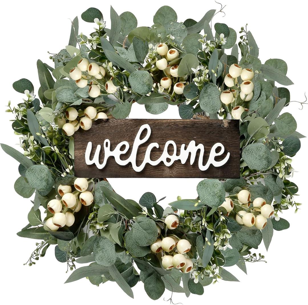Sggvecsy Green Artificial Eucalyptus Wreath with Welcome Sign 20in Spring Summer Wreath with White Berries for Front Door Wall Window Festival Porch Farmhouse Patio Garden Decor (1 piece)