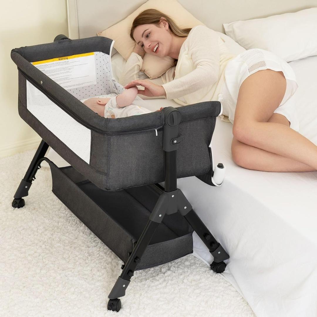BCOL Baby Bassinet, Bedside Bassinet for Baby, 3 in 1 Bassinet Bedside Sleeper with Wheels, Mosquito Net, Adjustable Easy Folding Portable Bed for Infant Newborn (Dark Grey), Crib