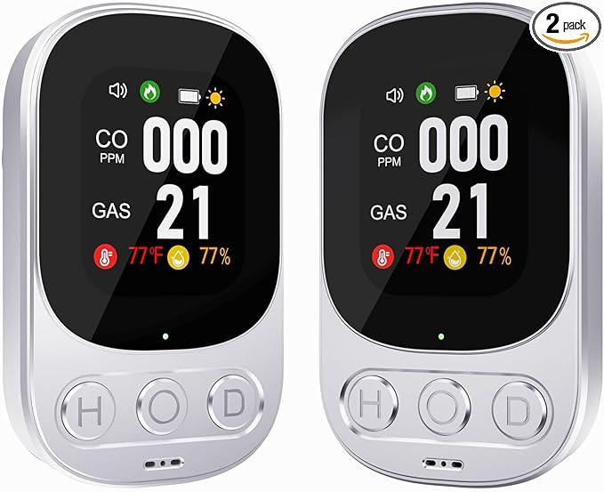 [2 Pack] 4-in-1 Carbon Monoxide Detectors Plug in, Portable Carbon Monoxide Detector with Battery Backup, HD Digital Display for CO, Gas, Temperature & Humidity Ideal for Home, Travel, Safety