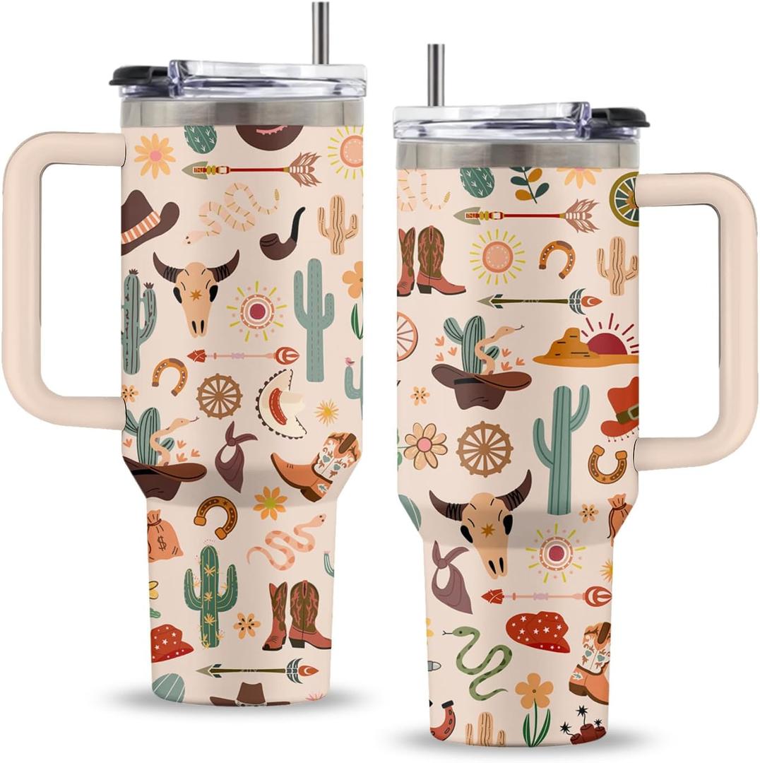 Cowgirl Gifts for Women, 40 Oz Cowgirl Tumbler with Handle & Straw, Cow Stuff, Thanksgiving Christmas Birthday Gift for Cowboy Women Men, Stainless Steel Cowboy Cup, 1 PCS