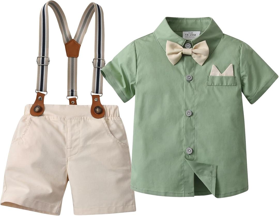 Baby Boys Shorts Sets,Infant Shirt + Shorts + Bow Tie + Suspenders,Toddler Summer Gentleman Outfits (2-3T, Grey+green)