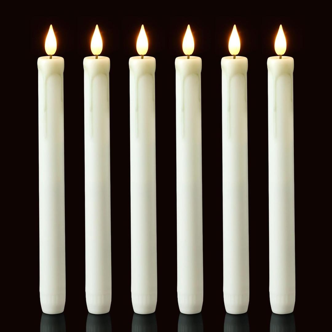 Homemory 6 Pack Flameless Taper Candles, No Remote, Realistic Flickering Battery Operated Candlesticks, White LED Plastic Candle Safe for Weddings, Table Decor, Christmas, and Halloween