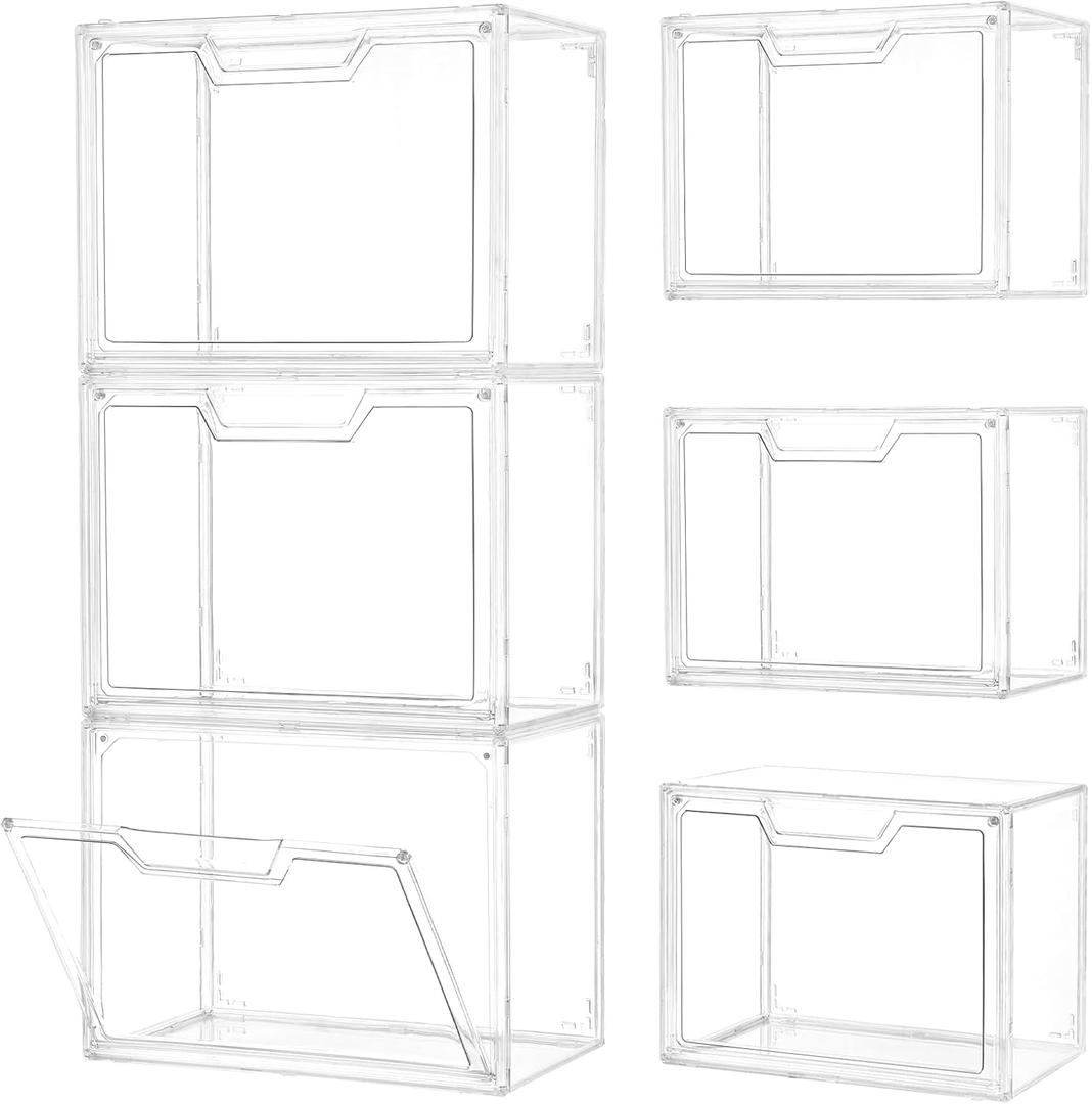 Clear Storage Bins with Lids, 3 Pack Acrylic Display Case with Magnetic Door for Cosmetic Collectibles Large Figures Models, Stackable Acrylic Storage Box for Home Office Living Room Dorm