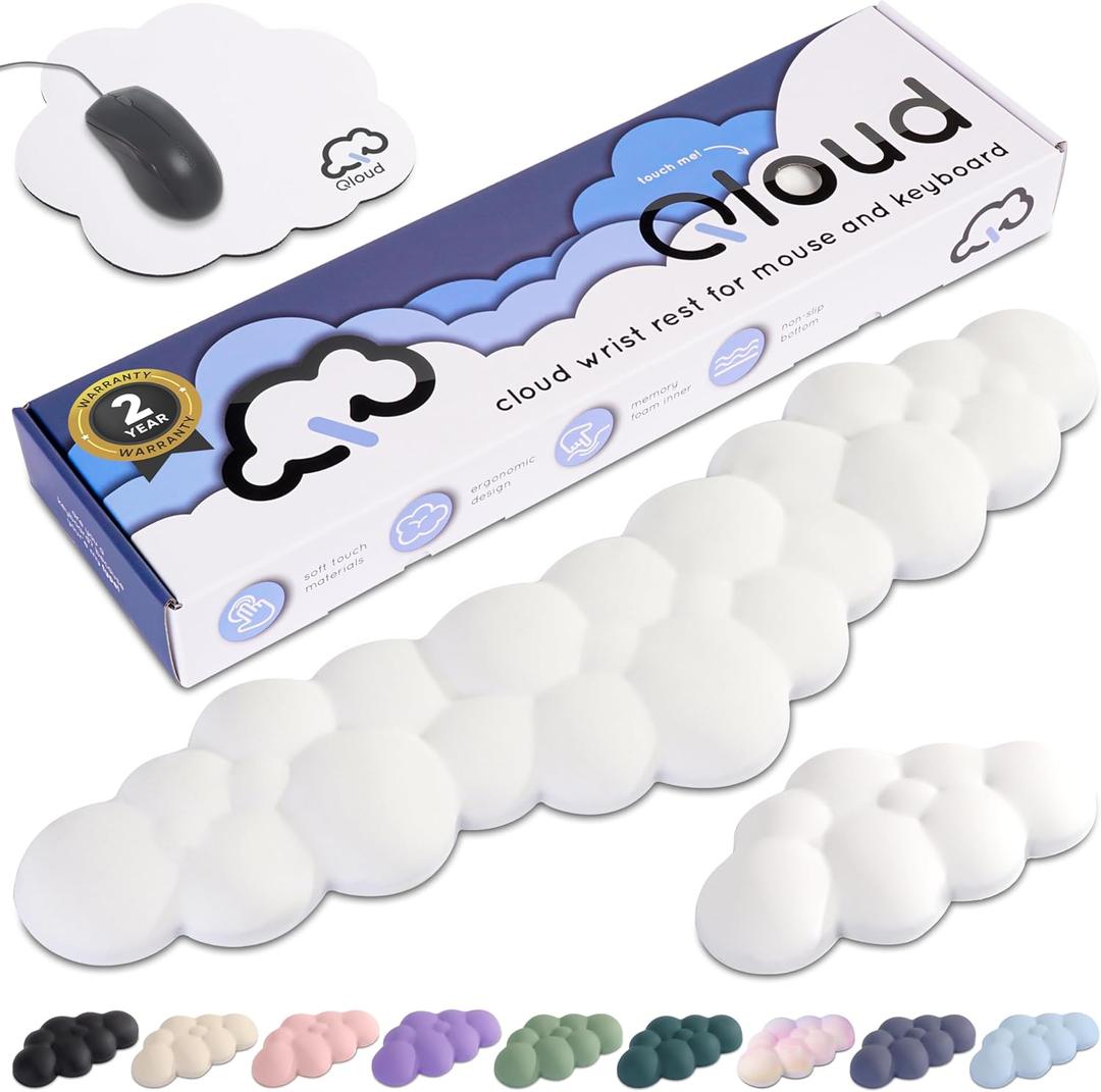Cloud Keyboard Wrist Rest Create-ables Qloud Cloud Wrist Rest for Computer Keyboard and Mouse, Ergonomic Memory Foam Wrist Pad with Non-Slip Base, Includes Cloud Mouse Pad White