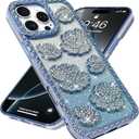 BITOBE Designed for iPhone 16 Pro Max, Cute 3D Rose Flowers Case Slim Plating Glitter Bling Luxury Rhinestones Floral Cover for Women Girls Protective Camera Protection 6.9" Blue