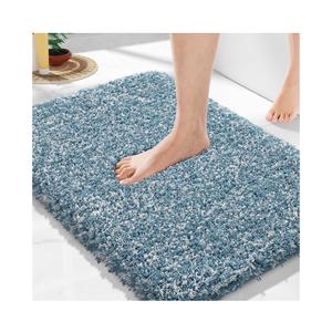 Yimobra Bathroom Rugs Non Slip Washable, Ultra Soft and Water Absorbent Bath Mats, Plush Fluffy Shower Mat Outside, Microfiber Thick Matts for Bathroom Floor/Sink, 24x17, Denim Blue and White