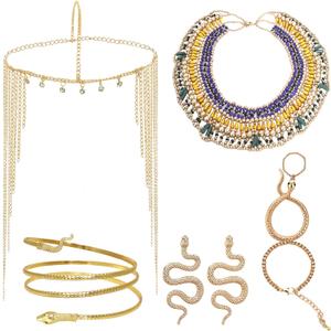 Heliltd 5Pcs Egyptian Costume Accessories Set Include Tassel Egyptian Headpiece for Women Golden Snake Arm Cuff Necklace Bracelet Earrings for Cosplay Party
