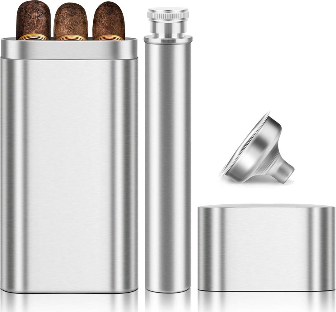 Stainless Steel Case with Removable Hip Flask, 2pcs Holder, Travel Cases, Cigars accessary, Christmas gift for Women Men (WB304-Metal)