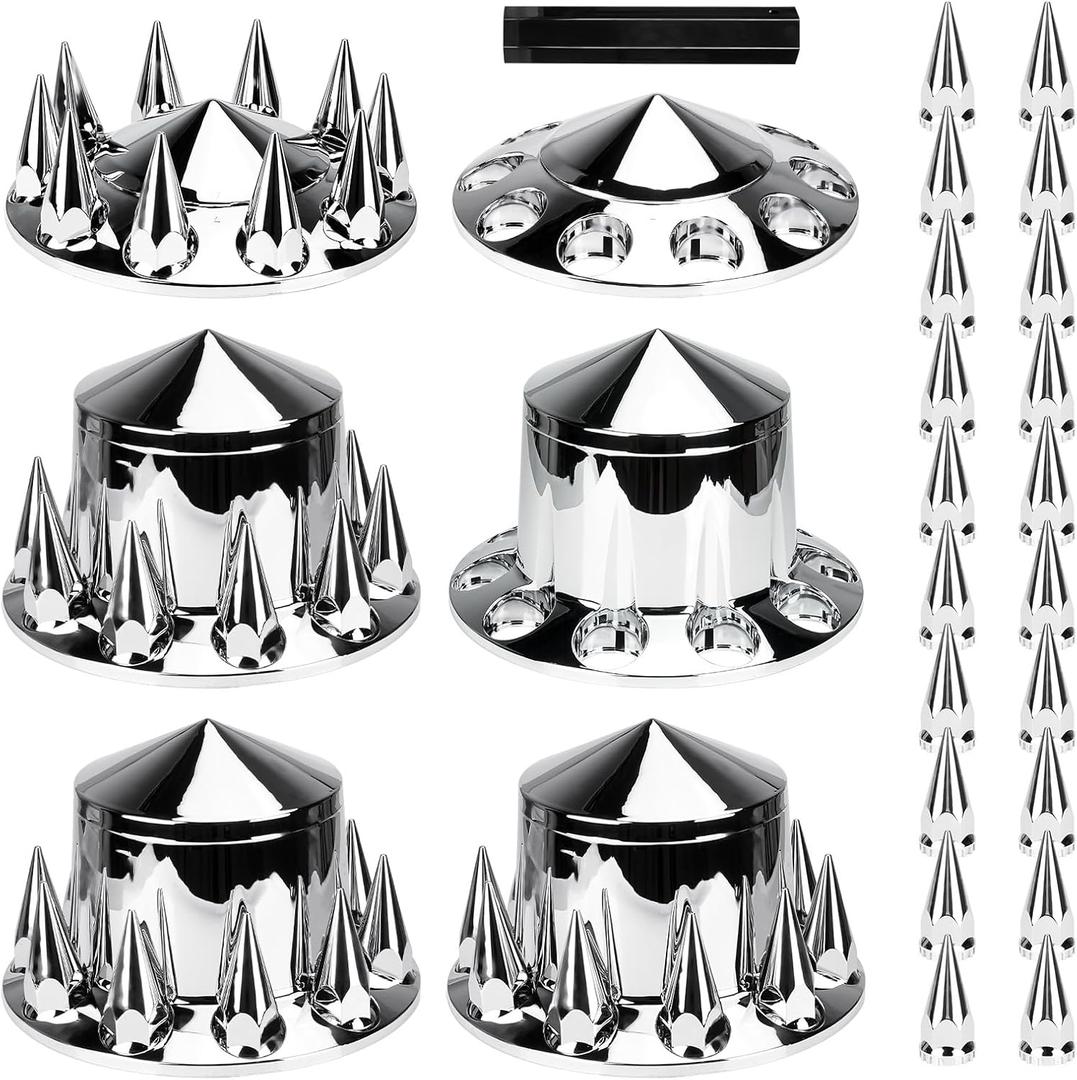 Aeagle Axle Cover Combo Kits for Semi Truck Hubs w/Screw-On 33mm Lug Nut, Spike ABS Plastic Chrome Plated, 2 Front & 4 Rear, 10 Hole Removable Caps, 6Pcs, Spiked Front & Rear Wheel Cover-6pcs