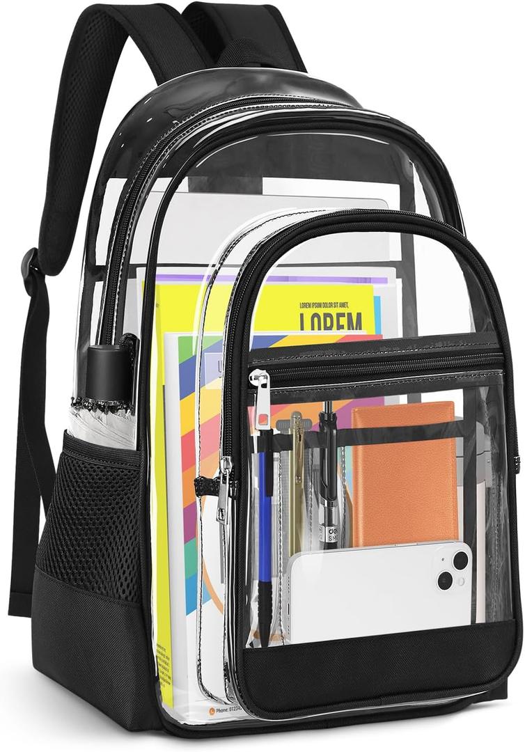 Clear Backpack, Heavy Duty PVC Transparent Backpack with Reinforced Straps, See Through Multiple Pockets Large Capacity Bookbag for Concert Work Security Travel Festival (Black) (Medium)
