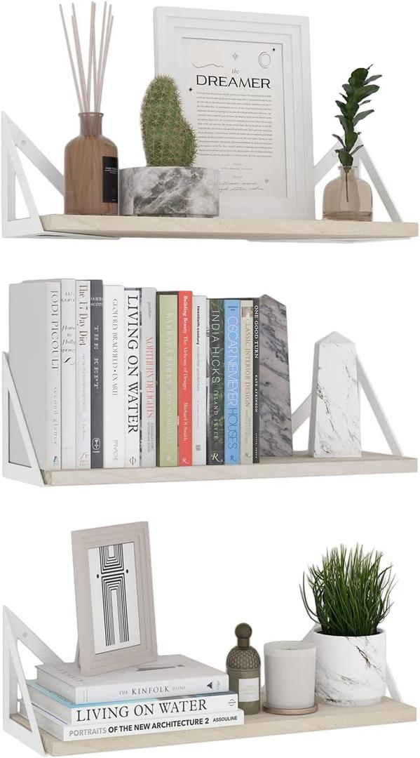 Wallniture Minori Floating Shelves for Wall Storage, Floating Bookshelf Set of 3, Bathroom and Kitchen Organizer Natural Wood Wall Shelves with White Brackets