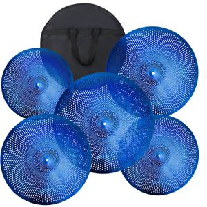 Low Volume Cymbal Pack - 5 Piece Set with Mute Cymbals, 14" Hihats, 16" & 18" Crashes, 20" Ride, Blue