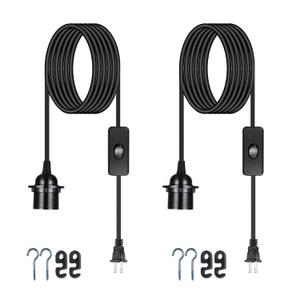 Plug in Pendant Light Cord - 16Ft Hanging Light Kit E26/E27 Light Socket Hanging Lantern Lamp Cord with On/Off Switch, Socket Rings, 2 Pack, Black